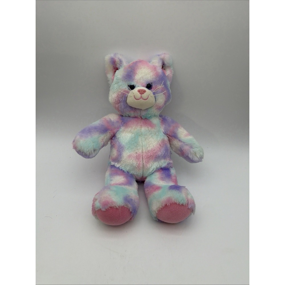 Build A Bear BAB Cat Stuffed Animal Pink Tie Dye Plush Purple Blue 15" Plushy